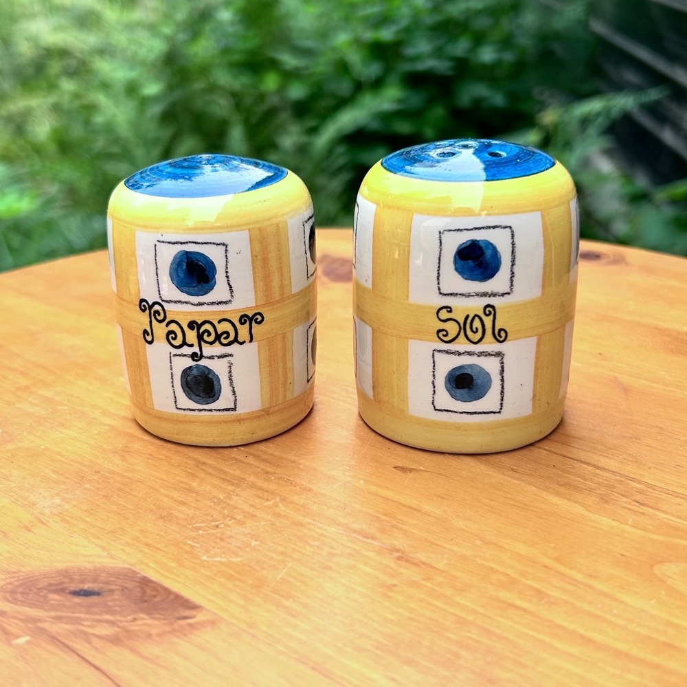 Vintage Mexican Pottery Salt Pepper Shakers Small Yellow Blue Ceramic Folk Art